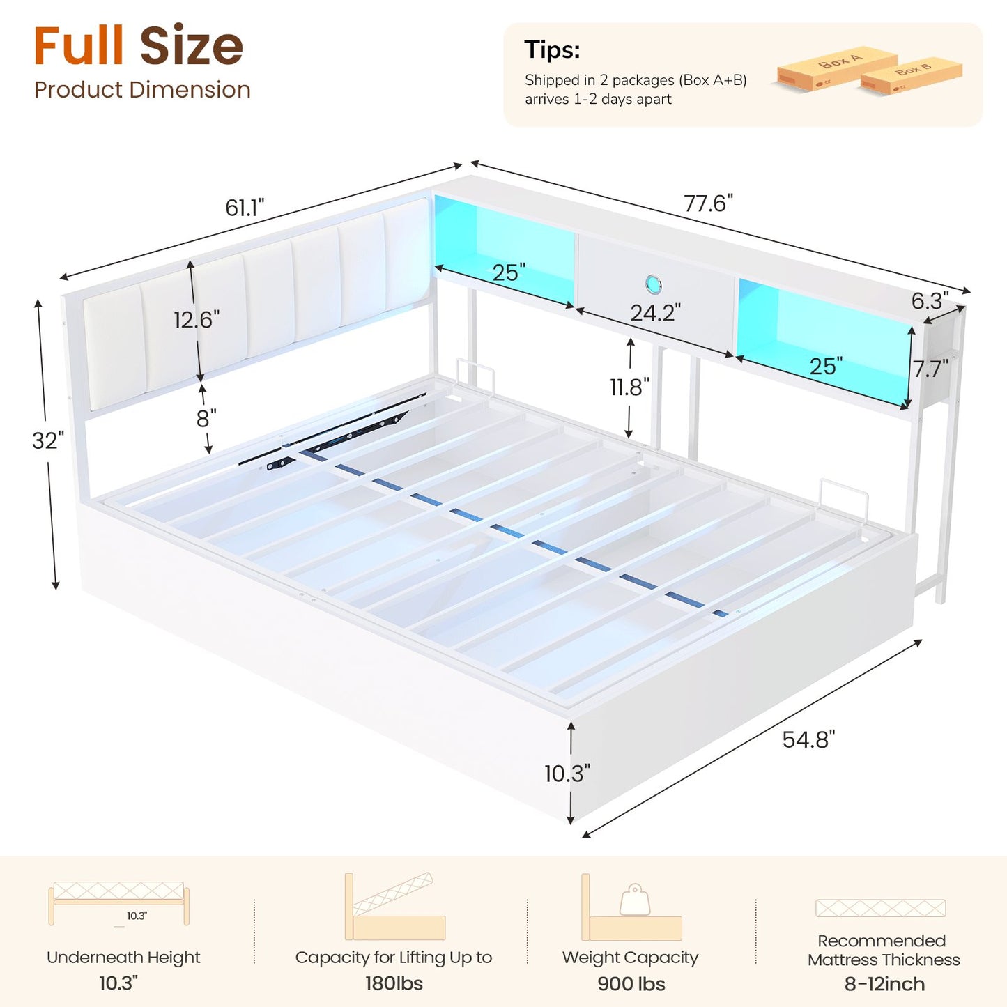 DICTAC | Corner Lift-Up Storage Bed Frame with LED Lights & Charging Station, Hydraulic Storage Daybed with Bookcase (White)