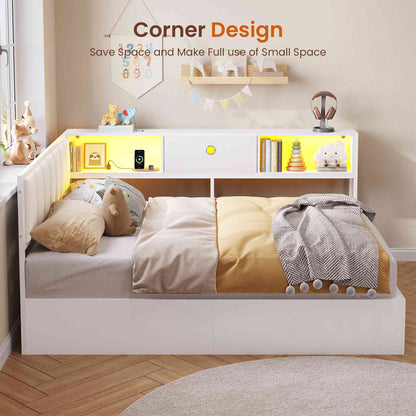 DICTAC | Corner Lift-Up Storage Bed Frame with LED Lights & Charging Station, Hydraulic Storage Daybed with Bookcase (White)