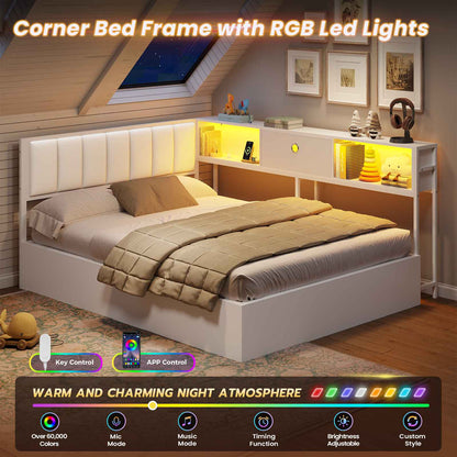 DICTAC | Corner Lift-Up Storage Bed Frame with LED Lights & Charging Station, Hydraulic Storage Daybed with Bookcase (White)