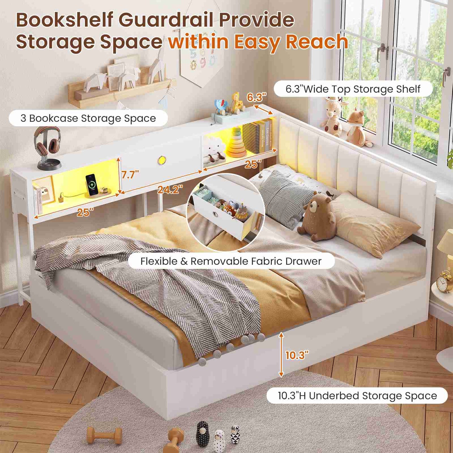 DICTAC | Corner Lift-Up Storage Bed Frame with LED Lights & Charging Station, Hydraulic Storage Daybed with Bookcase (White)