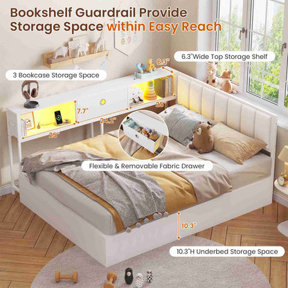 DICTAC | Corner Lift-Up Storage Bed Frame with LED Lights & Charging Station, Hydraulic Storage Daybed with Bookcase (White)
