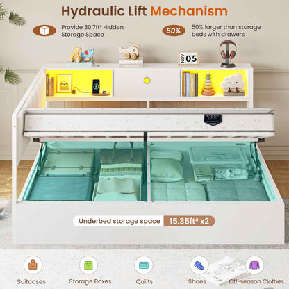 DICTAC | Corner Lift-Up Storage Bed Frame with LED Lights & Charging Station, Hydraulic Storage Daybed with Bookcase (White)