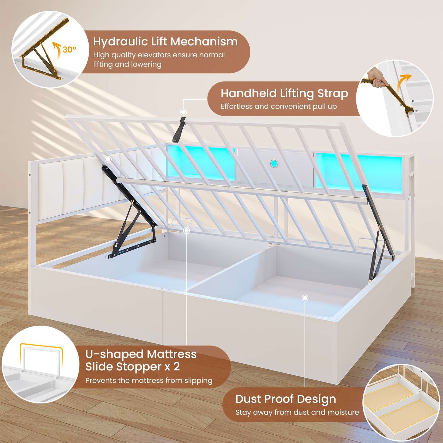DICTAC | Corner Lift-Up Storage Bed Frame with LED Lights & Charging Station, Hydraulic Storage Daybed with Bookcase (White)