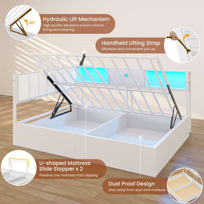 DICTAC | Corner Lift-Up Storage Bed Frame with LED Lights & Charging Station, Hydraulic Storage Daybed with Bookcase (White)