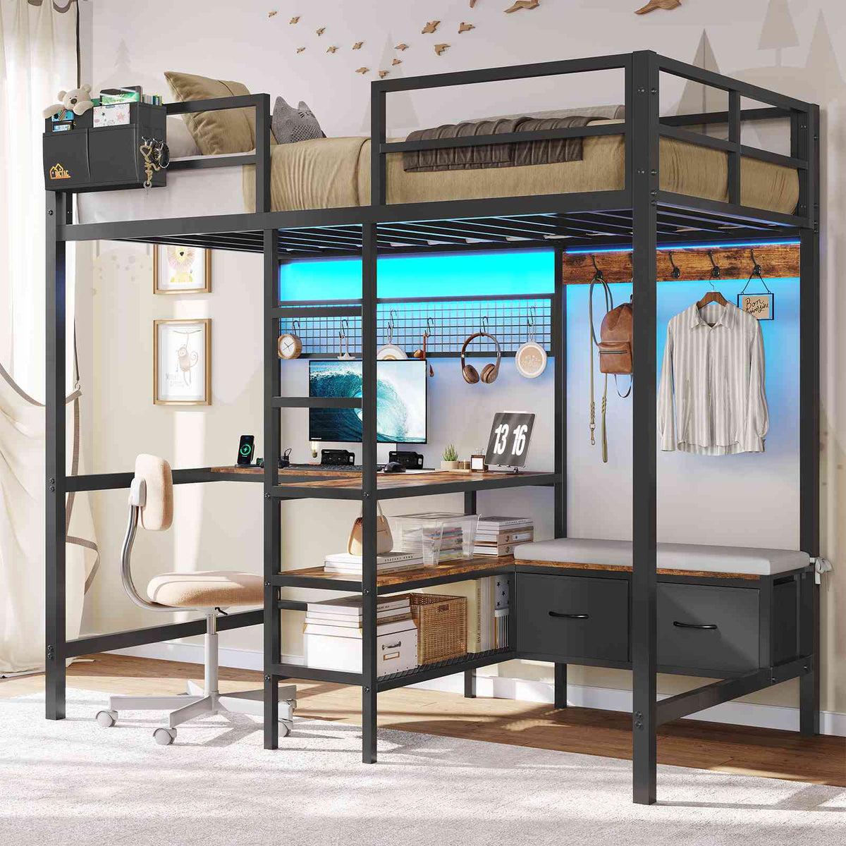 DICTAC | Twin Loft Bed with L-Shaped Desk, Storage Shelves, Coat Rack & Charging Station, LED Metal Loft Bed