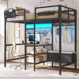 DICTAC | Twin Loft Bed with L-Shaped Desk, Storage Shelves, Coat Rack & Charging Station, LED Metal Loft Bed