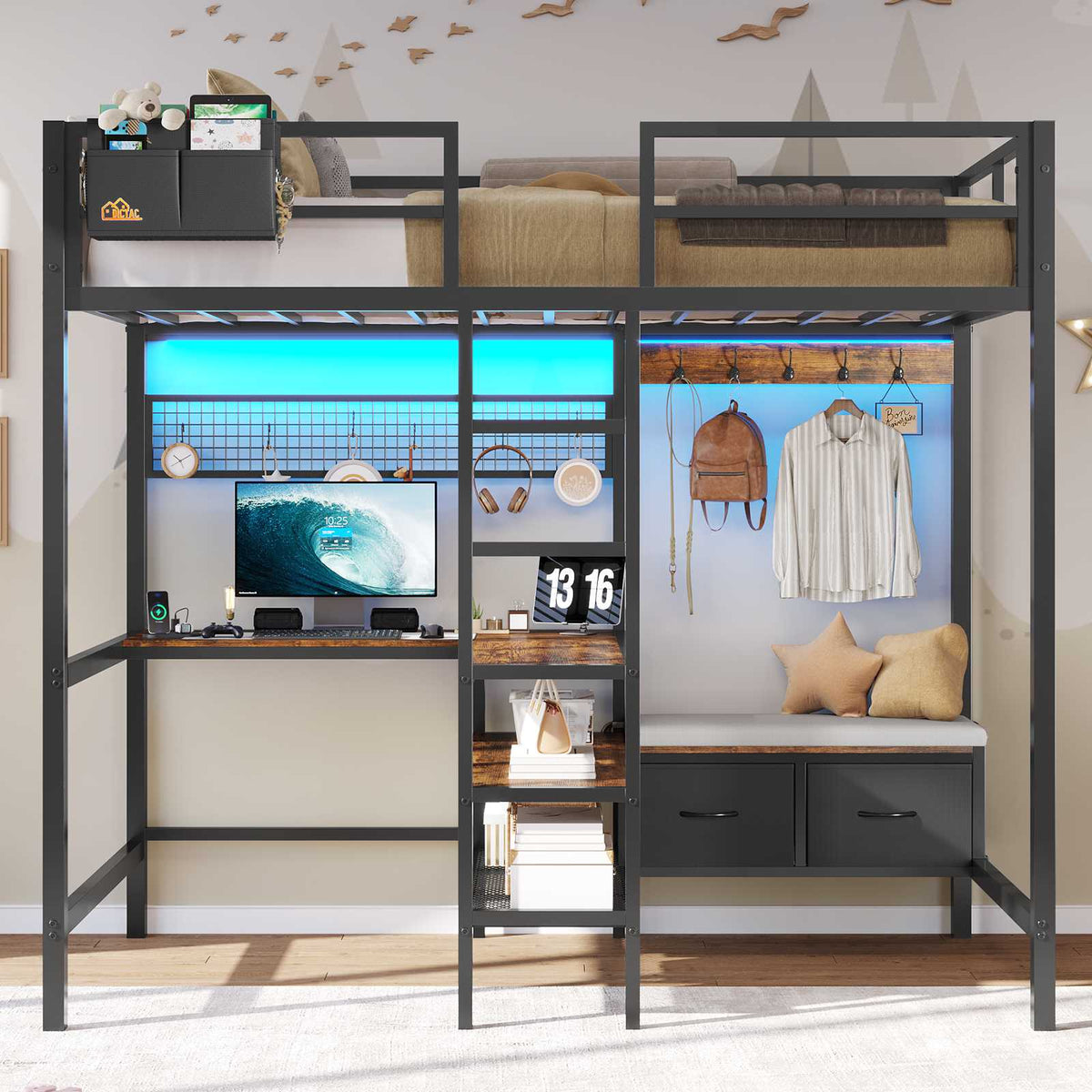 DICTAC | Twin Loft Bed with L-Shaped Desk, Storage Shelves, Coat Rack & Charging Station, LED Metal Loft Bed