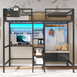 DICTAC | Twin Loft Bed with L-Shaped Desk, Storage Shelves, Coat Rack & Charging Station, LED Metal Loft Bed