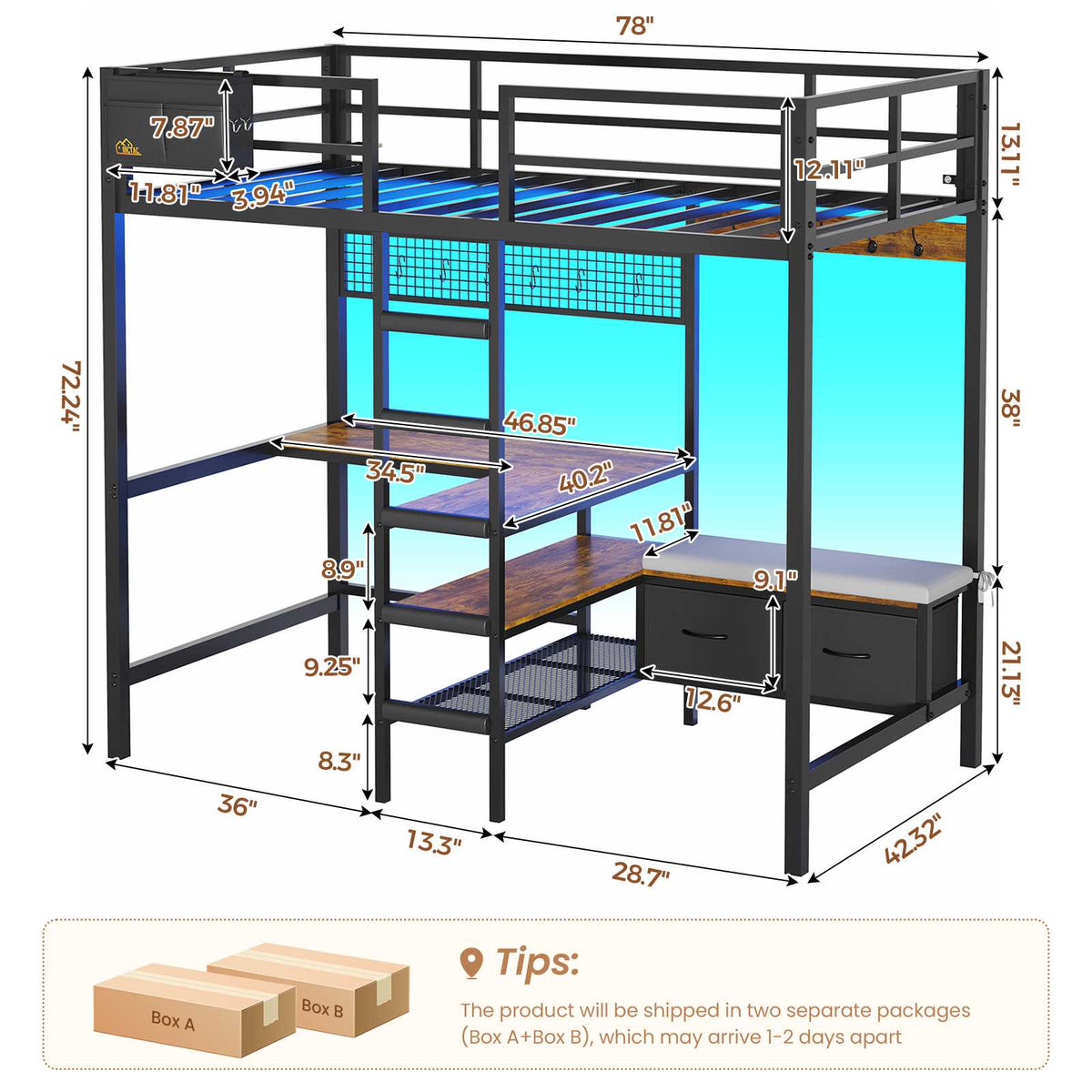 DICTAC | Twin Loft Bed with L-Shaped Desk, Storage Shelves, Coat Rack & Charging Station, LED Metal Loft Bed