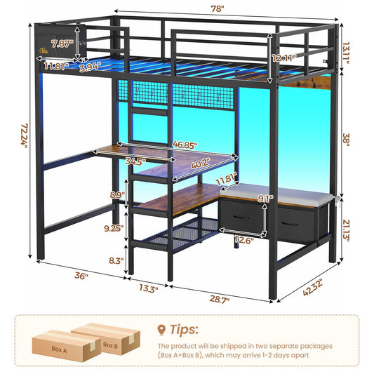 DICTAC | Twin Loft Bed with L-Shaped Desk, Storage Shelves, Coat Rack & Charging Station, LED Metal Loft Bed
