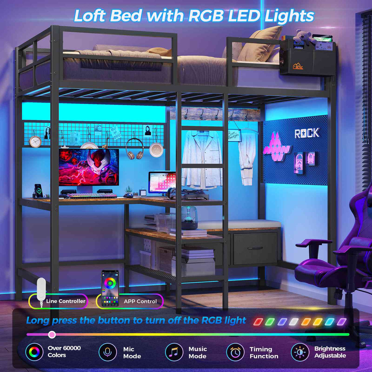 DICTAC | Twin Loft Bed with L-Shaped Desk, Storage Shelves, Coat Rack & Charging Station, LED Metal Loft Bed