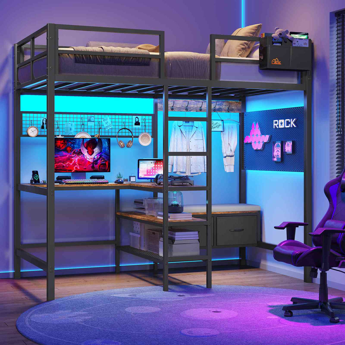 DICTAC | Twin Loft Bed with L-Shaped Desk, Storage Shelves, Coat Rack & Charging Station, LED Metal Loft Bed