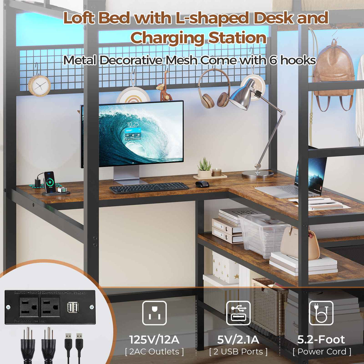 DICTAC | Twin Loft Bed with L-Shaped Desk, Storage Shelves, Coat Rack & Charging Station, LED Metal Loft Bed