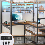 DICTAC | Twin Loft Bed with L-Shaped Desk, Storage Shelves, Coat Rack & Charging Station, LED Metal Loft Bed
