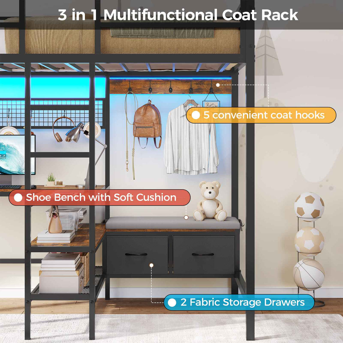 DICTAC | Twin Loft Bed with L-Shaped Desk, Storage Shelves, Coat Rack & Charging Station, LED Metal Loft Bed