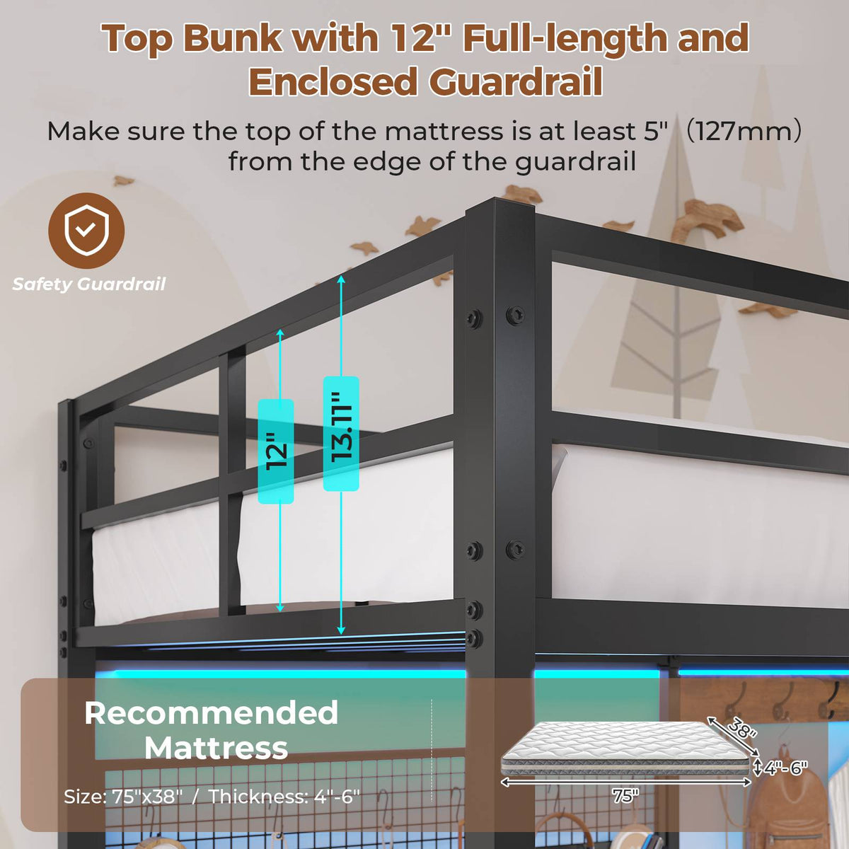 DICTAC | Twin Loft Bed with L-Shaped Desk, Storage Shelves, Coat Rack & Charging Station, LED Metal Loft Bed