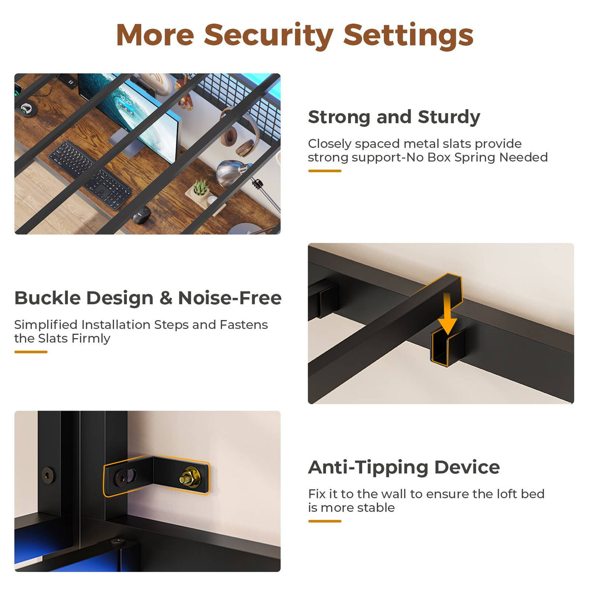 DICTAC | Twin Loft Bed with L-Shaped Desk, Storage Shelves, Coat Rack & Charging Station, LED Metal Loft Bed