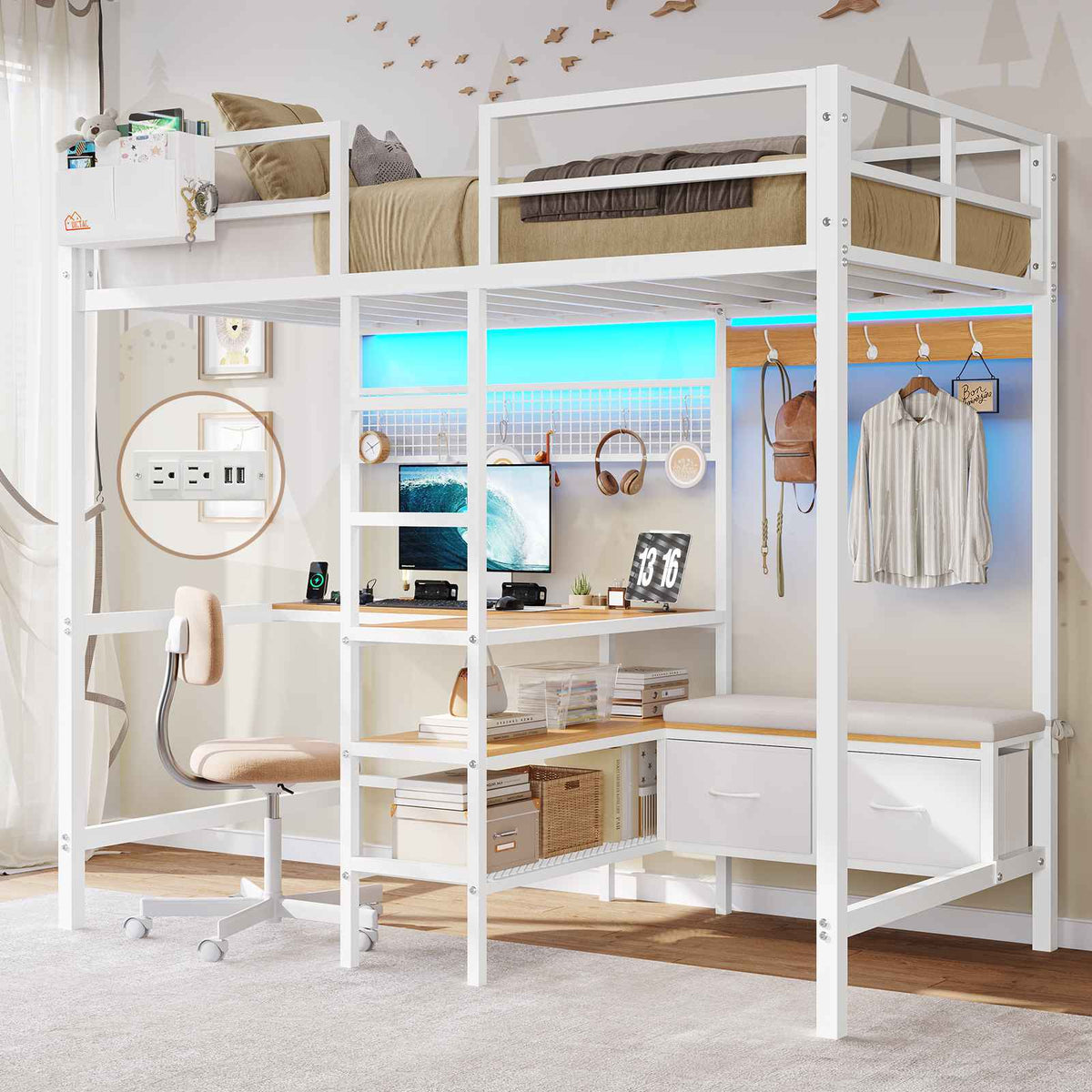 DICTAC | Twin Loft Bed with L-Shaped Desk, Storage Shelves, Coat Rack & Charging Station, LED Metal Loft Bed