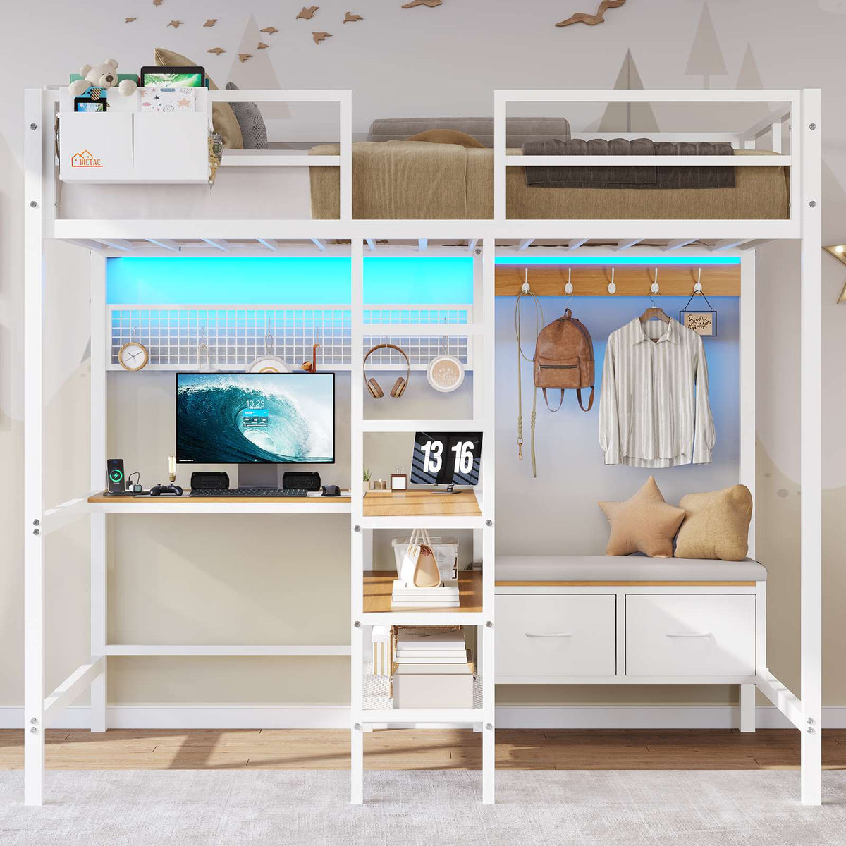 DICTAC | Twin Loft Bed with L-Shaped Desk, Storage Shelves, Coat Rack & Charging Station, LED Metal Loft Bed