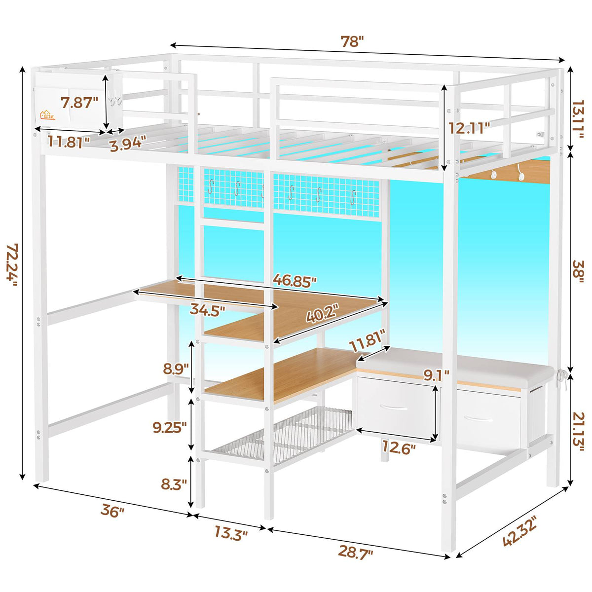 DICTAC | Twin Loft Bed with L-Shaped Desk, Storage Shelves, Coat Rack & Charging Station, LED Metal Loft Bed