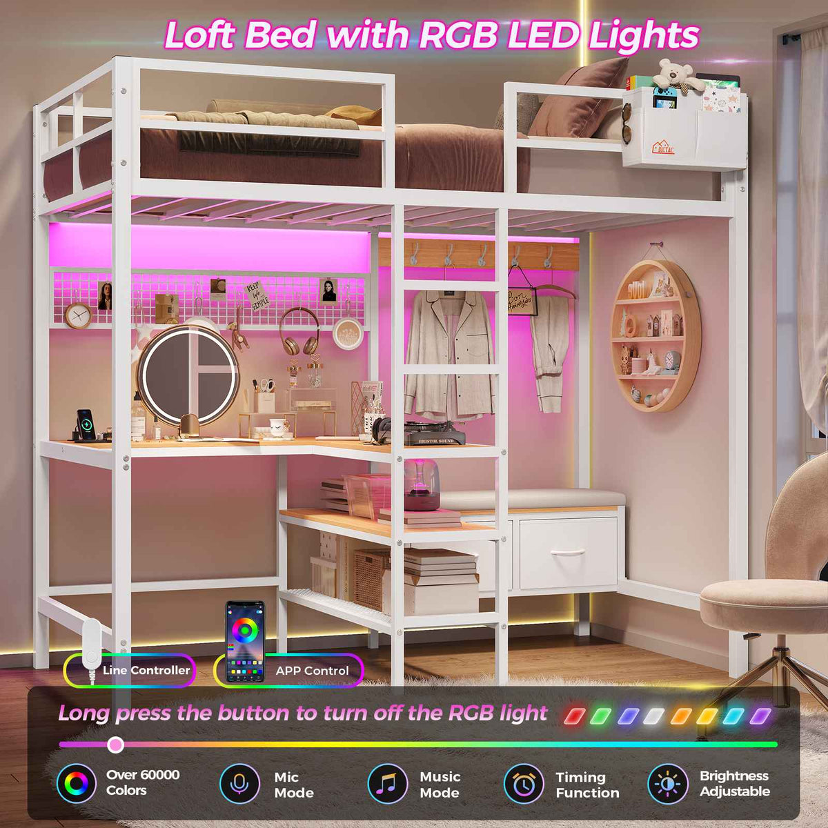 DICTAC | Twin Loft Bed with L-Shaped Desk, Storage Shelves, Coat Rack & Charging Station, LED Metal Loft Bed