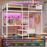 DICTAC | Twin Loft Bed with L-Shaped Desk, Storage Shelves, Coat Rack & Charging Station, LED Metal Loft Bed