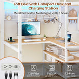 DICTAC | Twin Loft Bed with L-Shaped Desk, Storage Shelves, Coat Rack & Charging Station, LED Metal Loft Bed