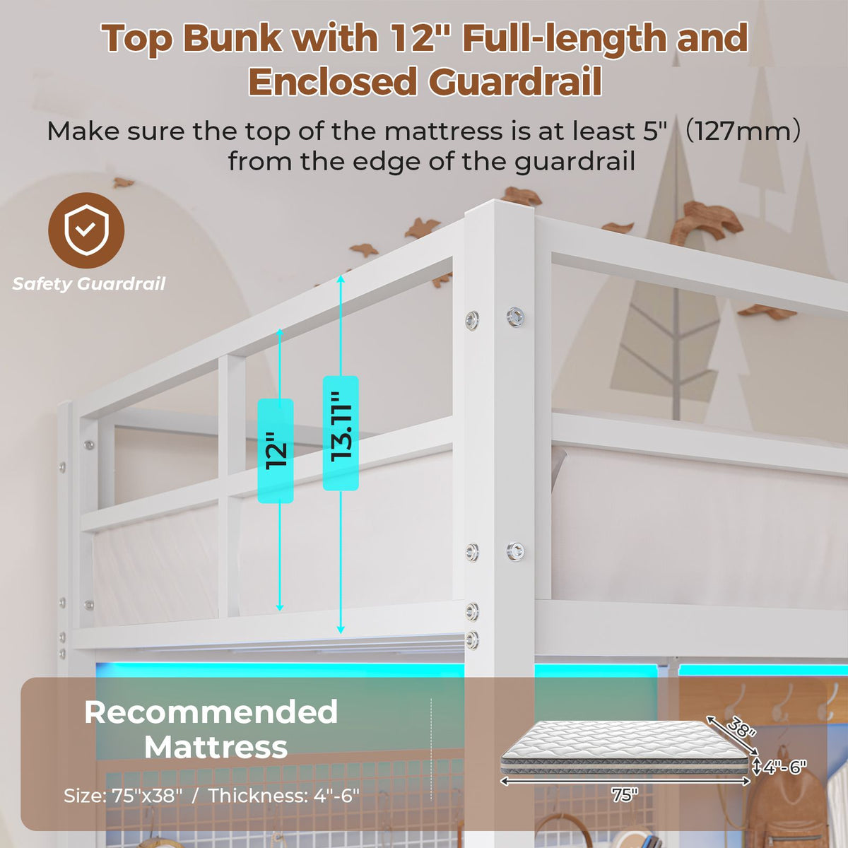 DICTAC | Twin Loft Bed with L-Shaped Desk, Storage Shelves, Coat Rack & Charging Station, LED Metal Loft Bed