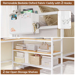DICTAC | Twin Loft Bed with L-Shaped Desk, Storage Shelves, Coat Rack & Charging Station, LED Metal Loft Bed