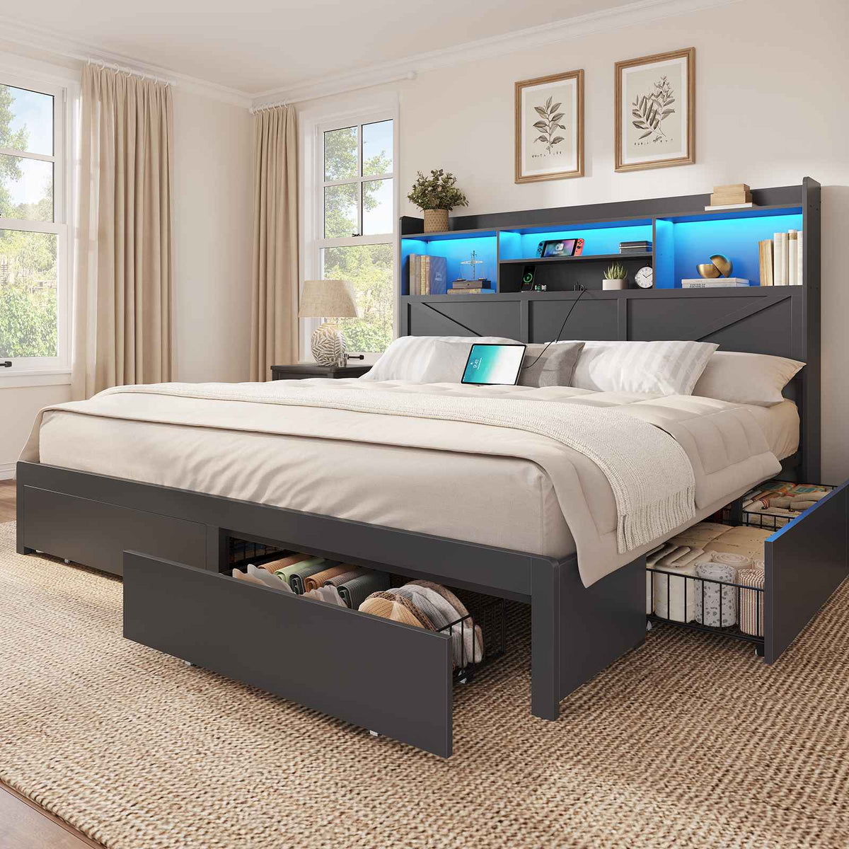 DICTAC Farmhouse Bed Frame with 6 Storage Drawers, Bookcase Headboard, LED Lights & Charging Station