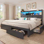 DICTAC Farmhouse Bed Frame with 6 Storage Drawers, Bookcase Headboard, LED Lights & Charging Station