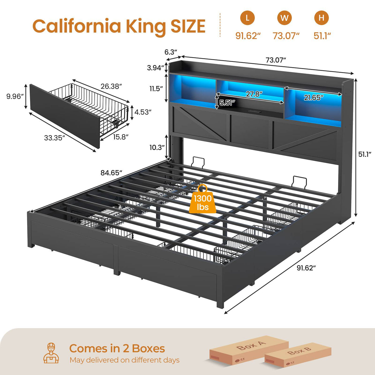 DICTAC Farmhouse Bed Frame with 6 Storage Drawers, Bookcase Headboard, LED Lights & Charging Station