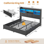 DICTAC Farmhouse Bed Frame with 6 Storage Drawers, Bookcase Headboard, LED Lights & Charging Station