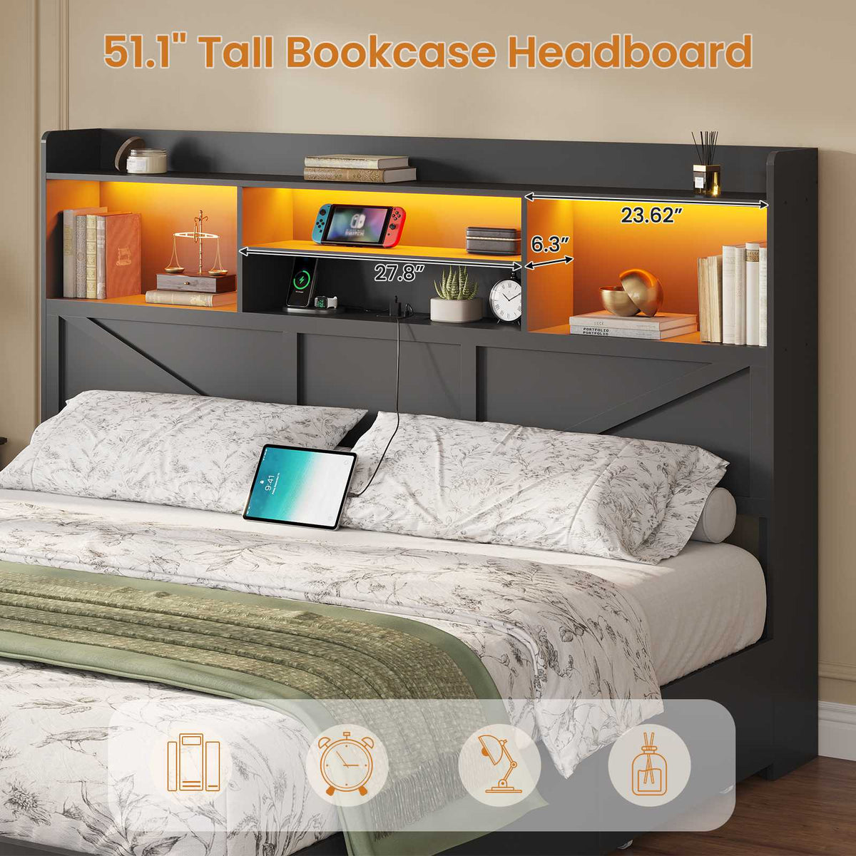 DICTAC Farmhouse Bed Frame with 6 Storage Drawers, Bookcase Headboard, LED Lights & Charging Station