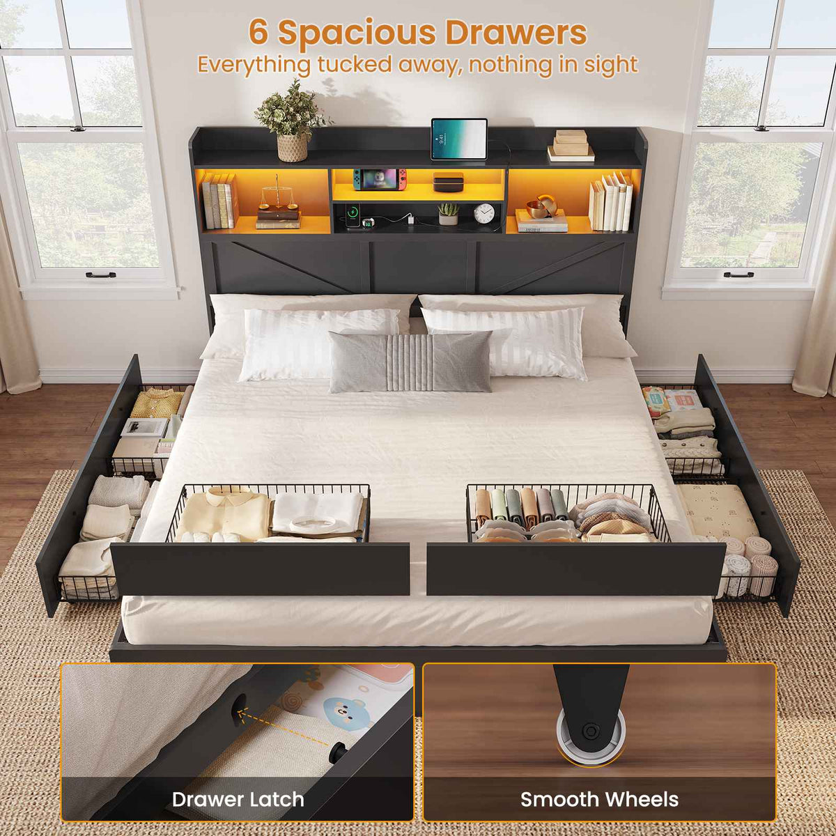 DICTAC Farmhouse Bed Frame with 6 Storage Drawers, Bookcase Headboard, LED Lights & Charging Station