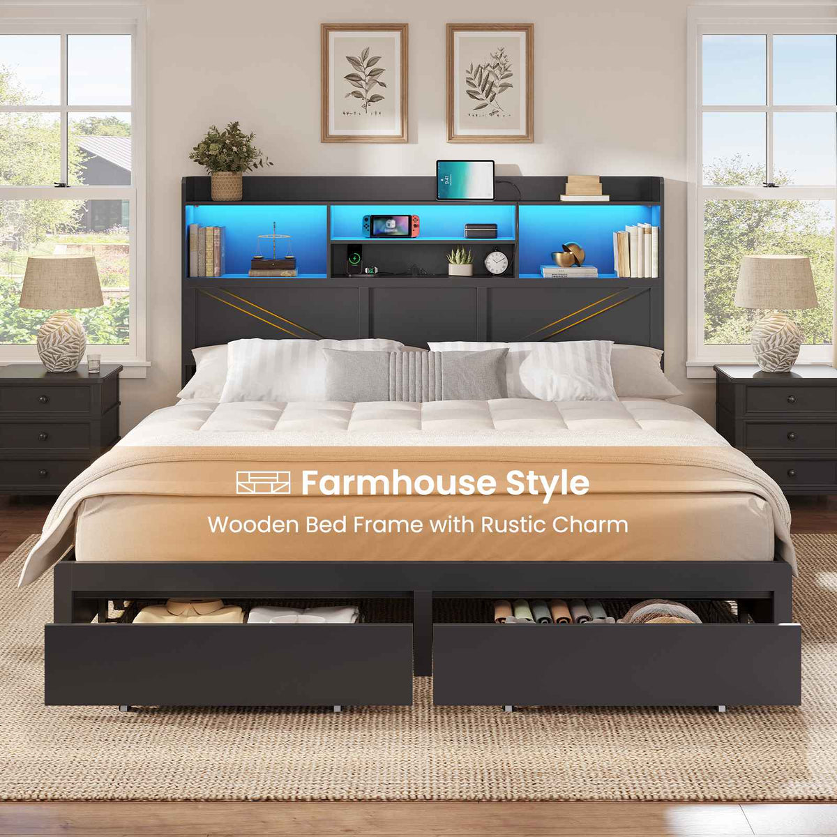 DICTAC Farmhouse Bed Frame with 6 Storage Drawers, Bookcase Headboard, LED Lights & Charging Station