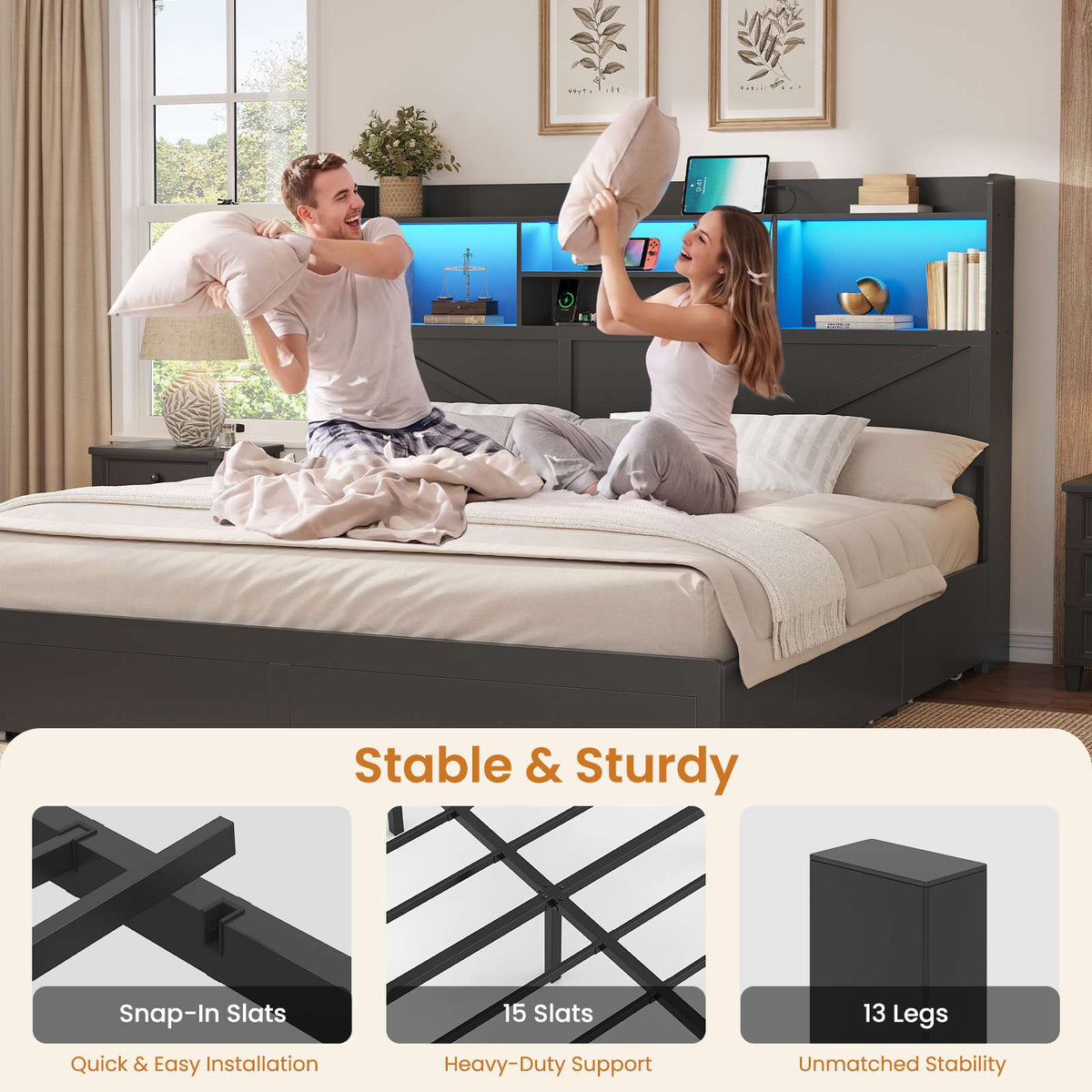 DICTAC Farmhouse Bed Frame with 6 Storage Drawers, Bookcase Headboard, LED Lights & Charging Station