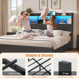 DICTAC Farmhouse Bed Frame with 6 Storage Drawers, Bookcase Headboard, LED Lights & Charging Station