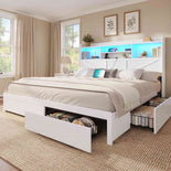 DICTAC Farmhouse Bed Frame with 6 Storage Drawers, Bookcase Headboard, LED Lights & Charging Station