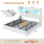 DICTAC Farmhouse Bed Frame with 6 Storage Drawers, Bookcase Headboard, LED Lights & Charging Station