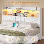 DICTAC Farmhouse Bed Frame with 6 Storage Drawers, Bookcase Headboard, LED Lights & Charging Station