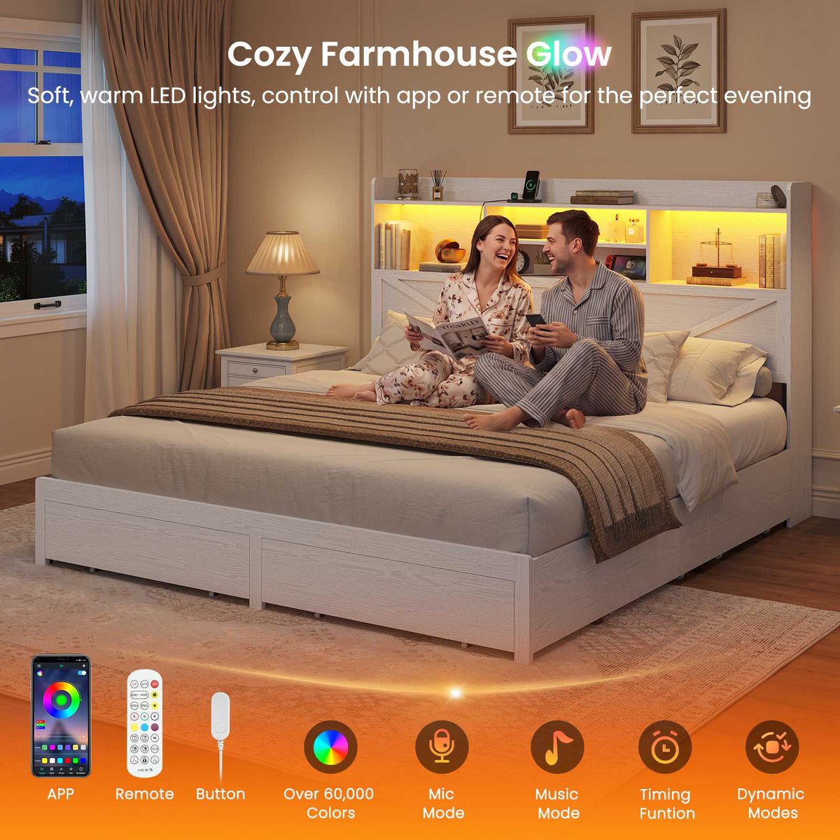 DICTAC Farmhouse Bed Frame with 6 Storage Drawers, Bookcase Headboard, LED Lights & Charging Station