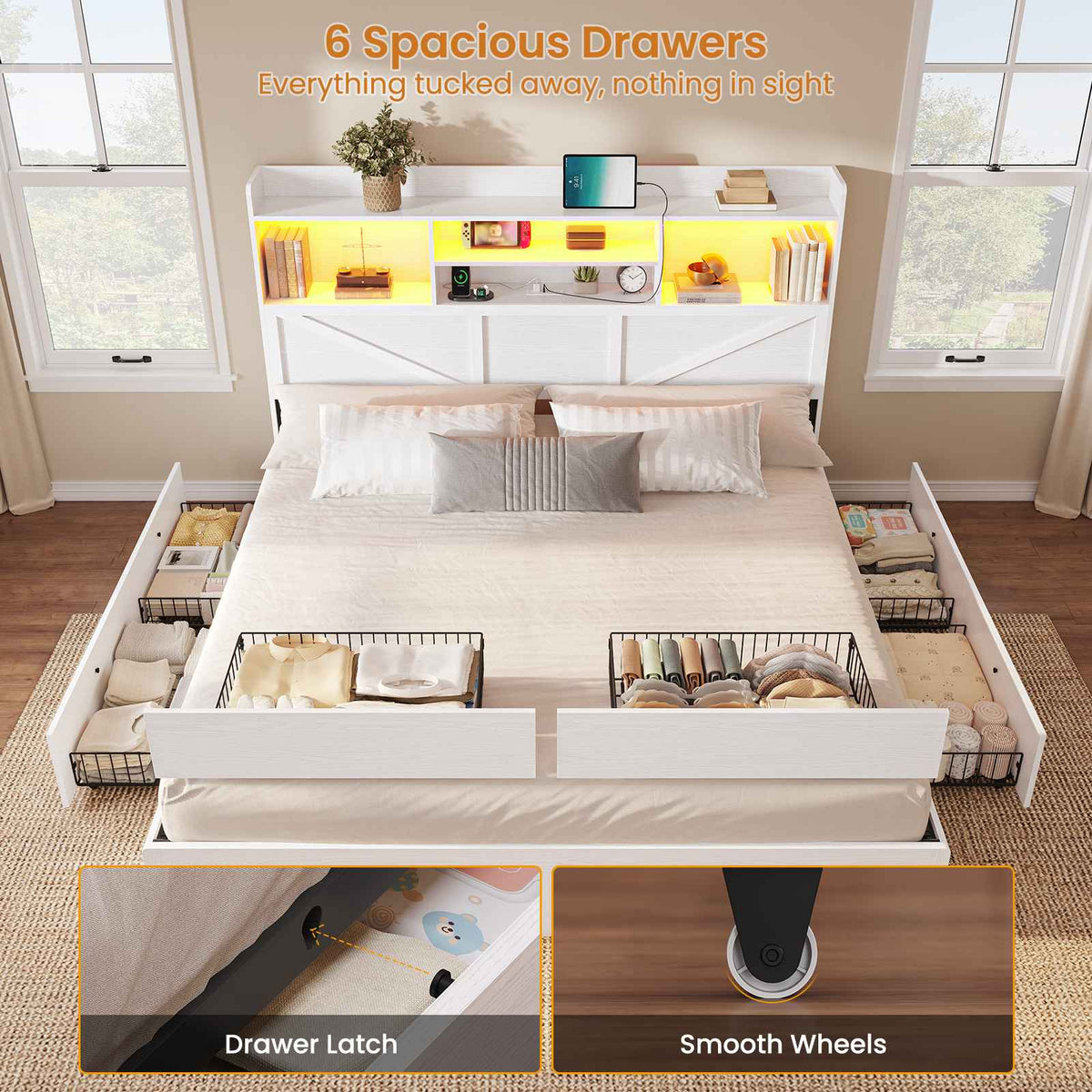 DICTAC Farmhouse Bed Frame with 6 Storage Drawers, Bookcase Headboard, LED Lights & Charging Station