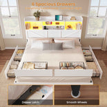 DICTAC Farmhouse Bed Frame with 6 Storage Drawers, Bookcase Headboard, LED Lights & Charging Station