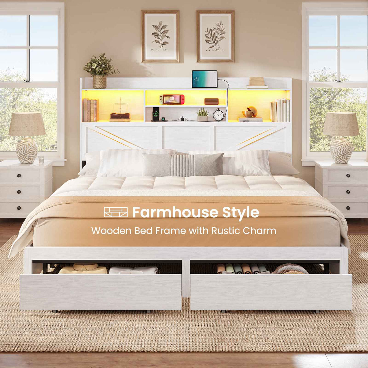 DICTAC Farmhouse Bed Frame with 6 Storage Drawers, Bookcase Headboard, LED Lights & Charging Station
