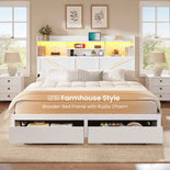 DICTAC Farmhouse Bed Frame with 6 Storage Drawers, Bookcase Headboard, LED Lights & Charging Station