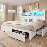DICTAC Farmhouse Bed Frame with 6 Storage Drawers, Bookcase Headboard, LED Lights & Charging Station