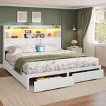DICTAC Farmhouse Bed Frame with 6 Storage Drawers, Bookcase Headboard, LED Lights & Charging Station
