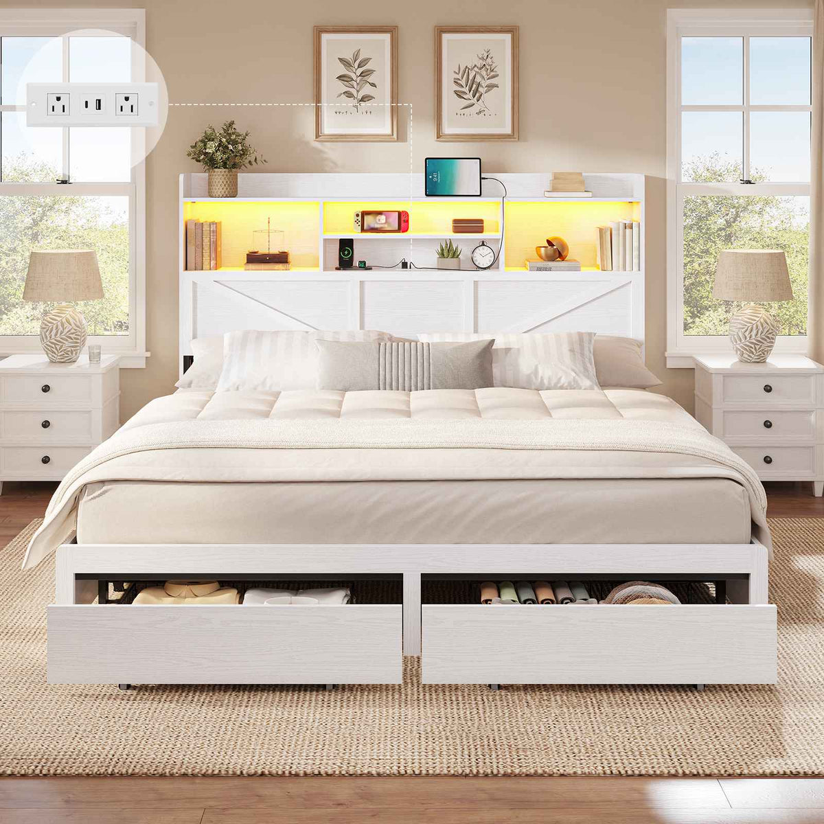 DICTAC Farmhouse Bed Frame with 6 Storage Drawers, Bookcase Headboard, LED Lights & Charging Station