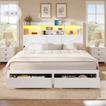 DICTAC Farmhouse Bed Frame with 6 Storage Drawers, Bookcase Headboard, LED Lights & Charging Station